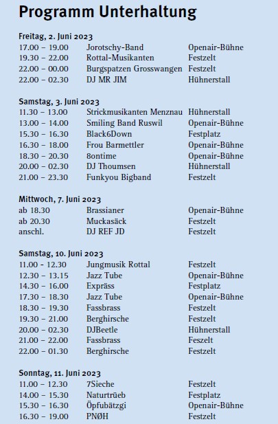 Unterhaltungsprogramm - luepfig poppig & rockig; Am Musiktag bieten 24 Bands Unterhaltung für jedermann/frau.
